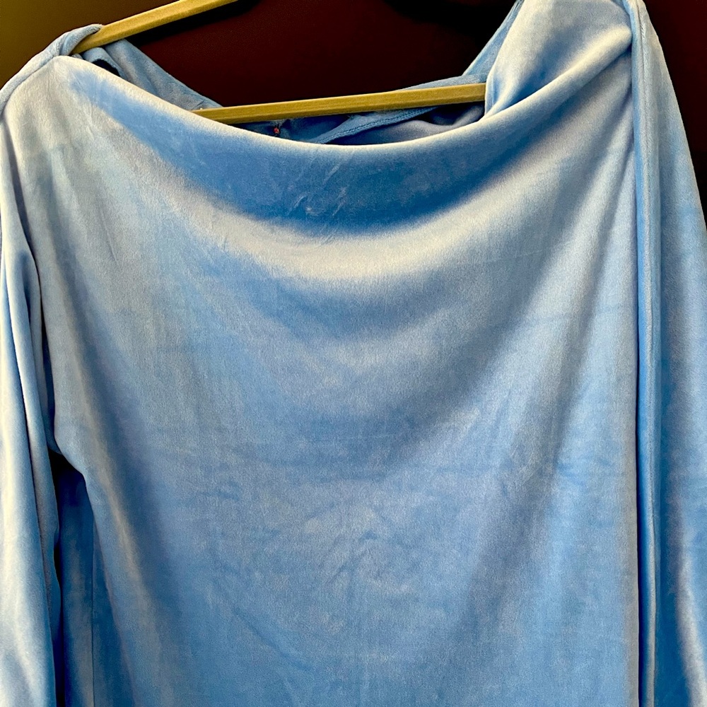 Lilly Pulitzer off the shouldered soft velour top in pretty light blue.